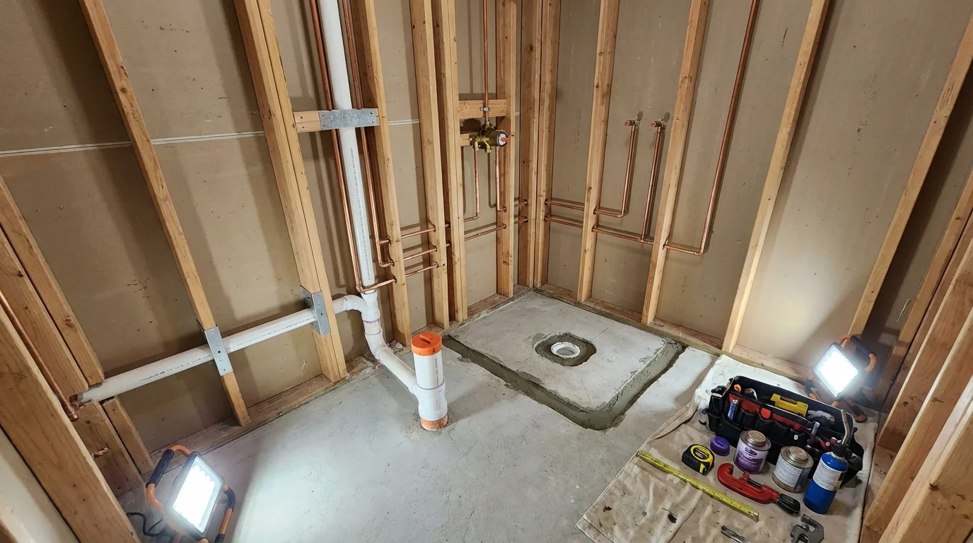 Bathroom rough-in plumbing during remodel by Johns Plumbing LLC in Mohall
