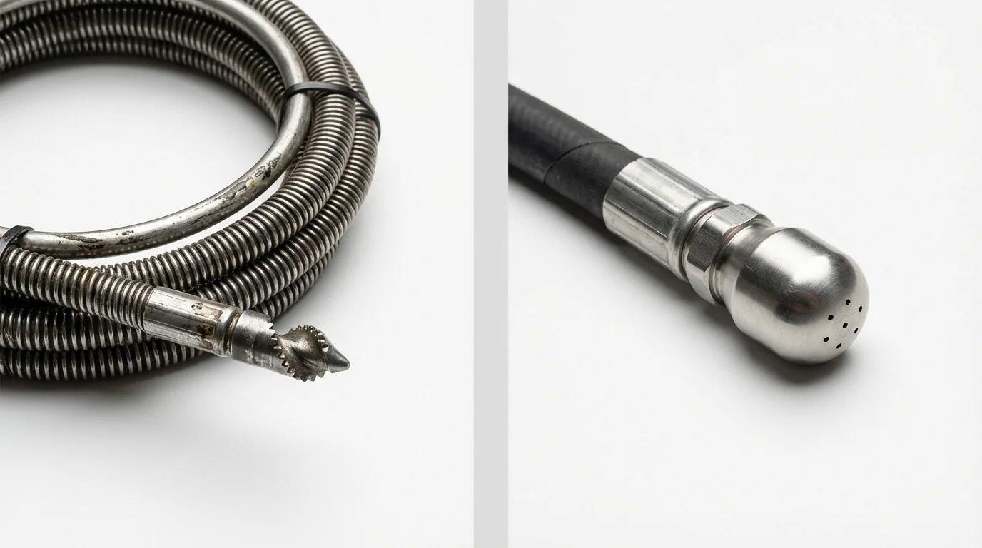 Drain snake cable and hydro jetting nozzle used for drain cleaning in Mohall, ND