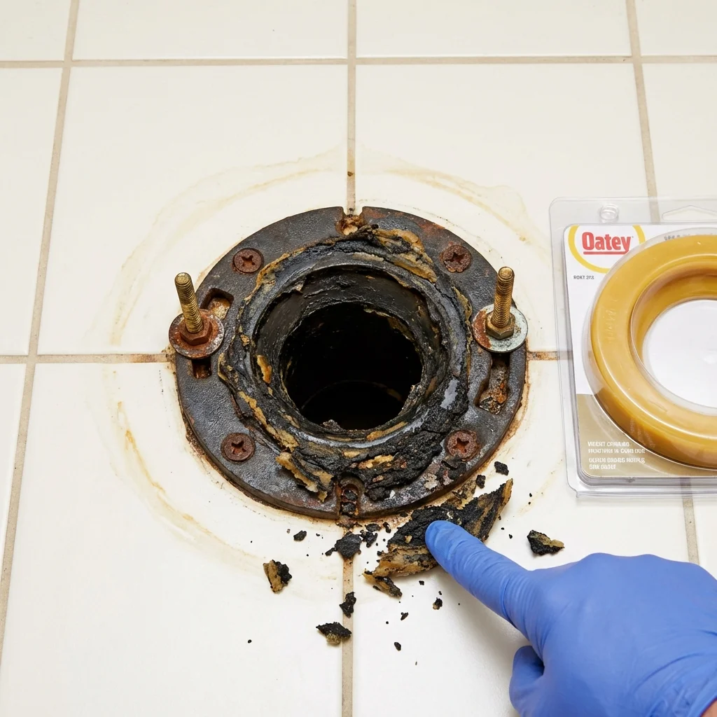 Failed wax ring showing water seepage at the base of a toilet in a Mohall, ND home