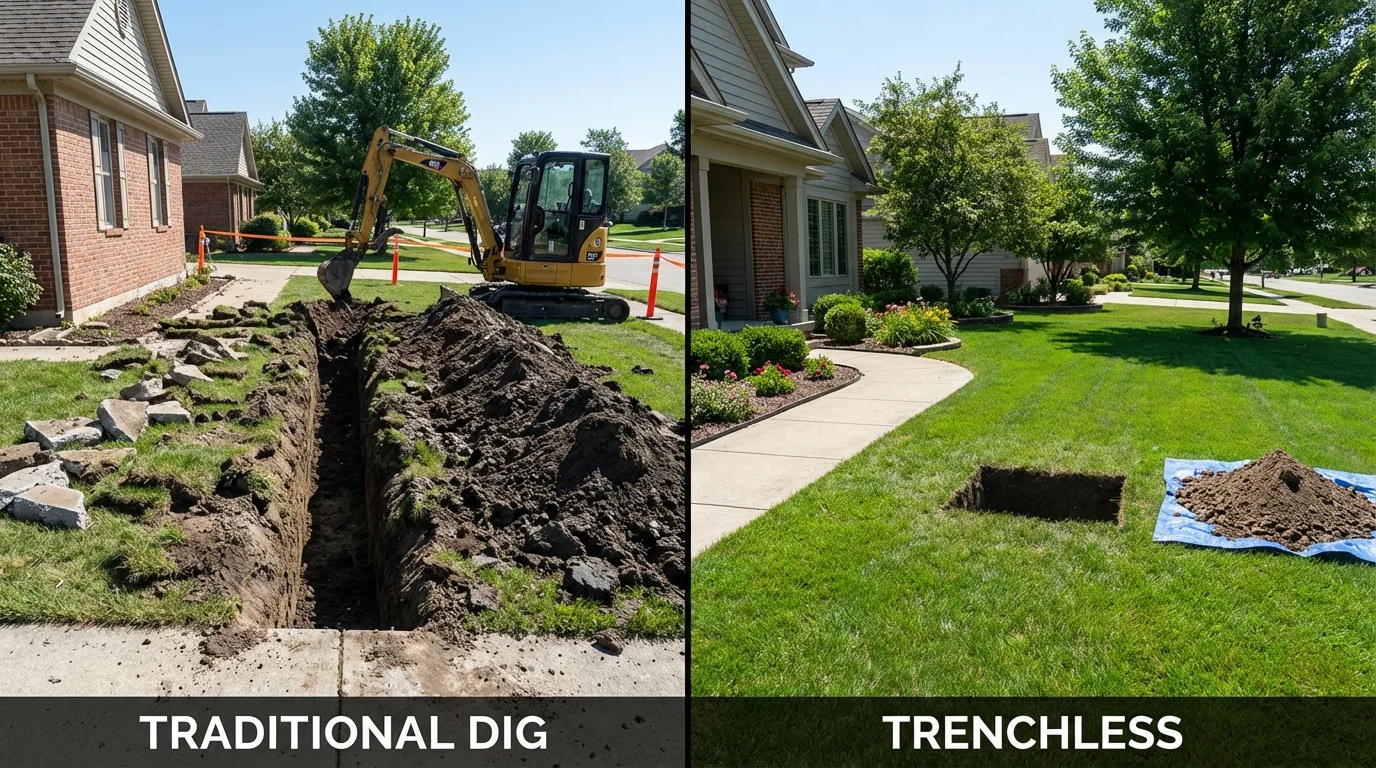 Trenchless sewer repair with minimal yard damage versus traditional excavation in Mohall, ND