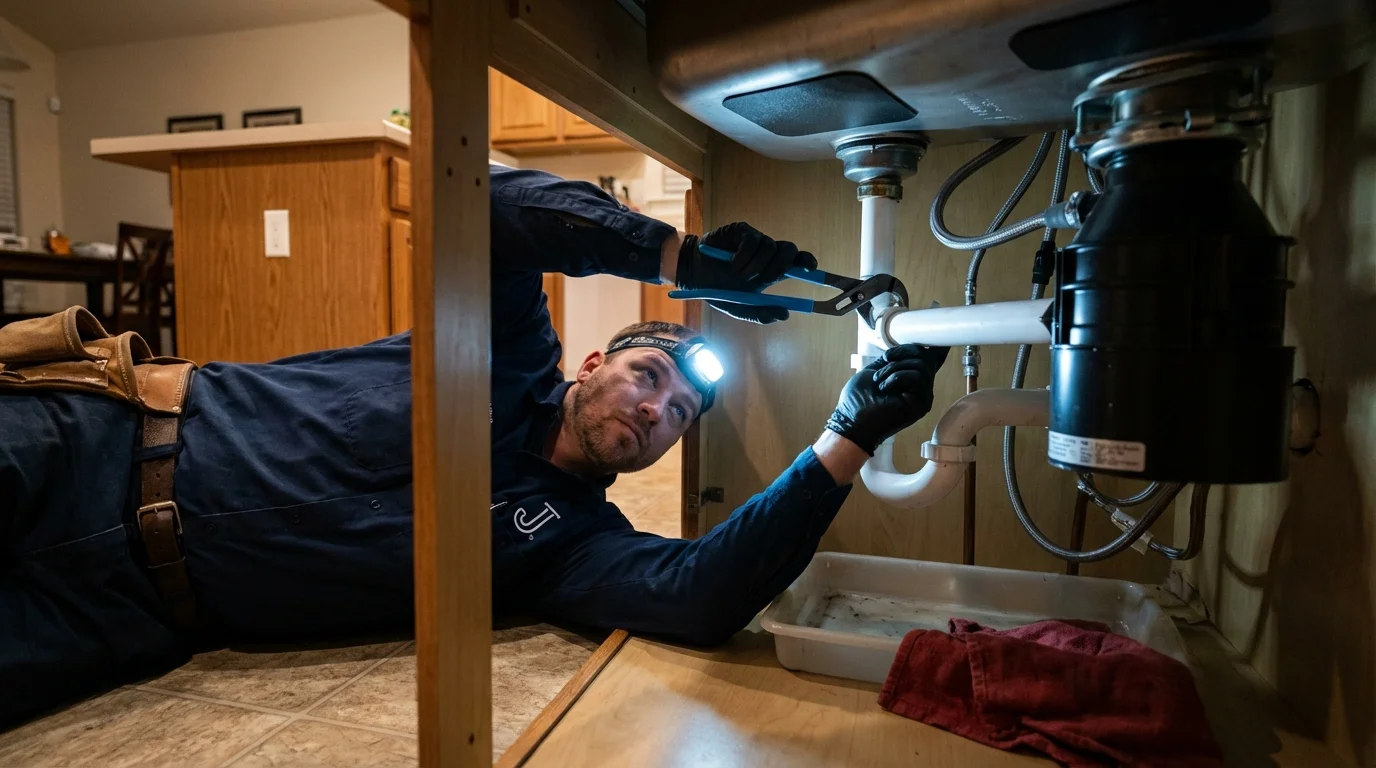 P-trap and supply line connections under a kitchen sink showing a common leak point in Mohall, ND